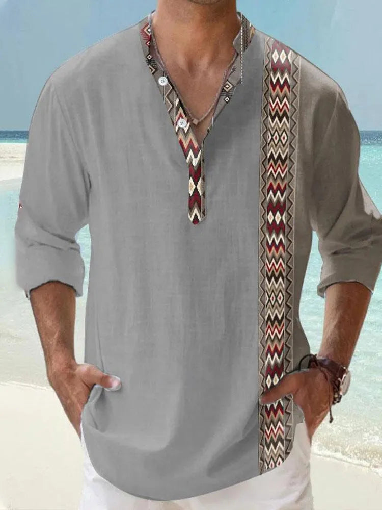 Men's long sleeve striped Hawaiian shirt in thin polyester fabric showing digital print pattern