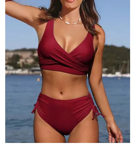 Women's cross-strap bikini swimsuit in solid colour with nylon fabric