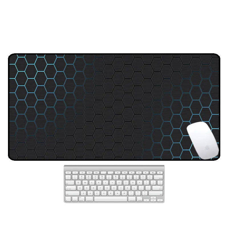 Large natural rubber desk pad with graphic print, showing non-slip base and size options for mouse and keyboard.