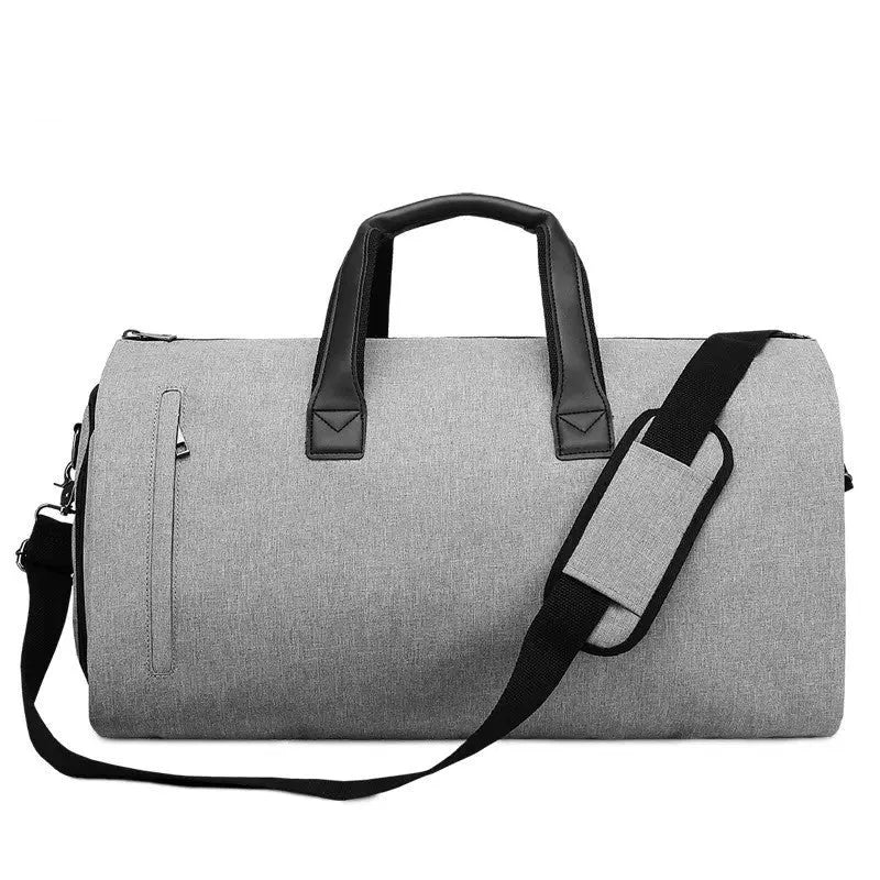 Men's oval travel bag in light grey showing internal compartments for wet-dry separation and organisation