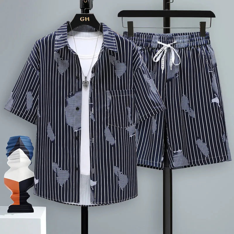 Men's grey casual polyester short-sleeve top and shorts two-piece set laid flat.