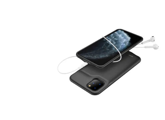 Shockproof silicone iPhone battery case in black, blue, pink, or white with integrated charging and extended battery capacity