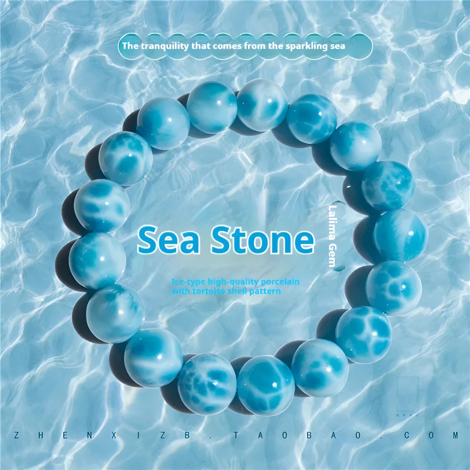 Blue natural Bodhi seed and crystal sea-pattern stone bracelet with a single pearl accent on a wrist.