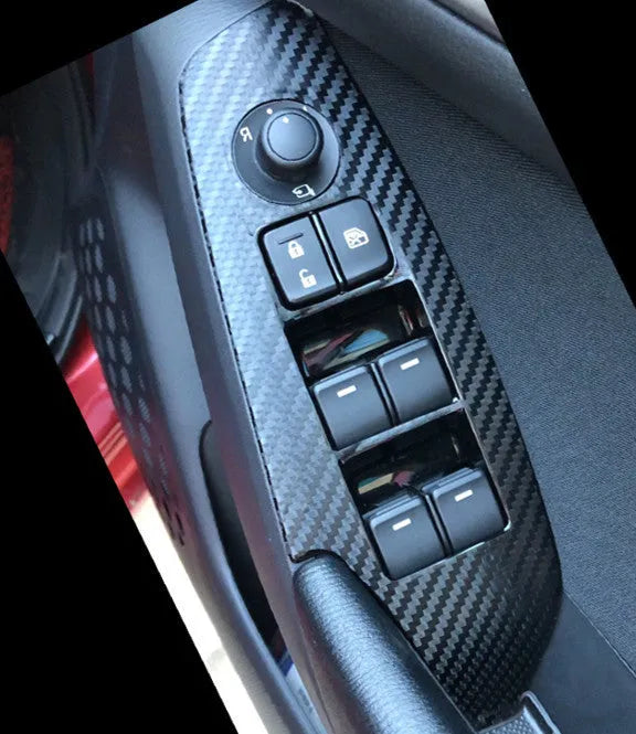 TPU protective film set for Ford Mustang door control panel switches in transparent, carbon fibre and matte black finishes