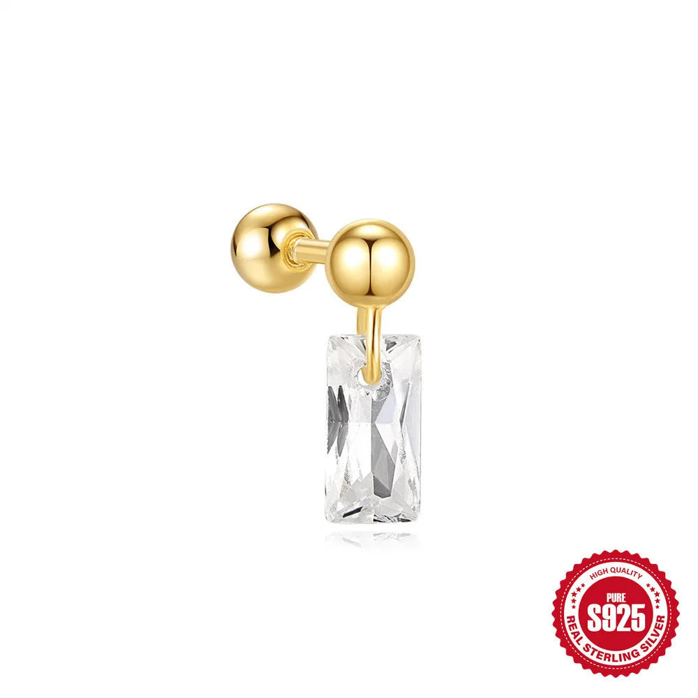 S925 sterling silver stud earrings with red square gravel stones and flower design in gold finish