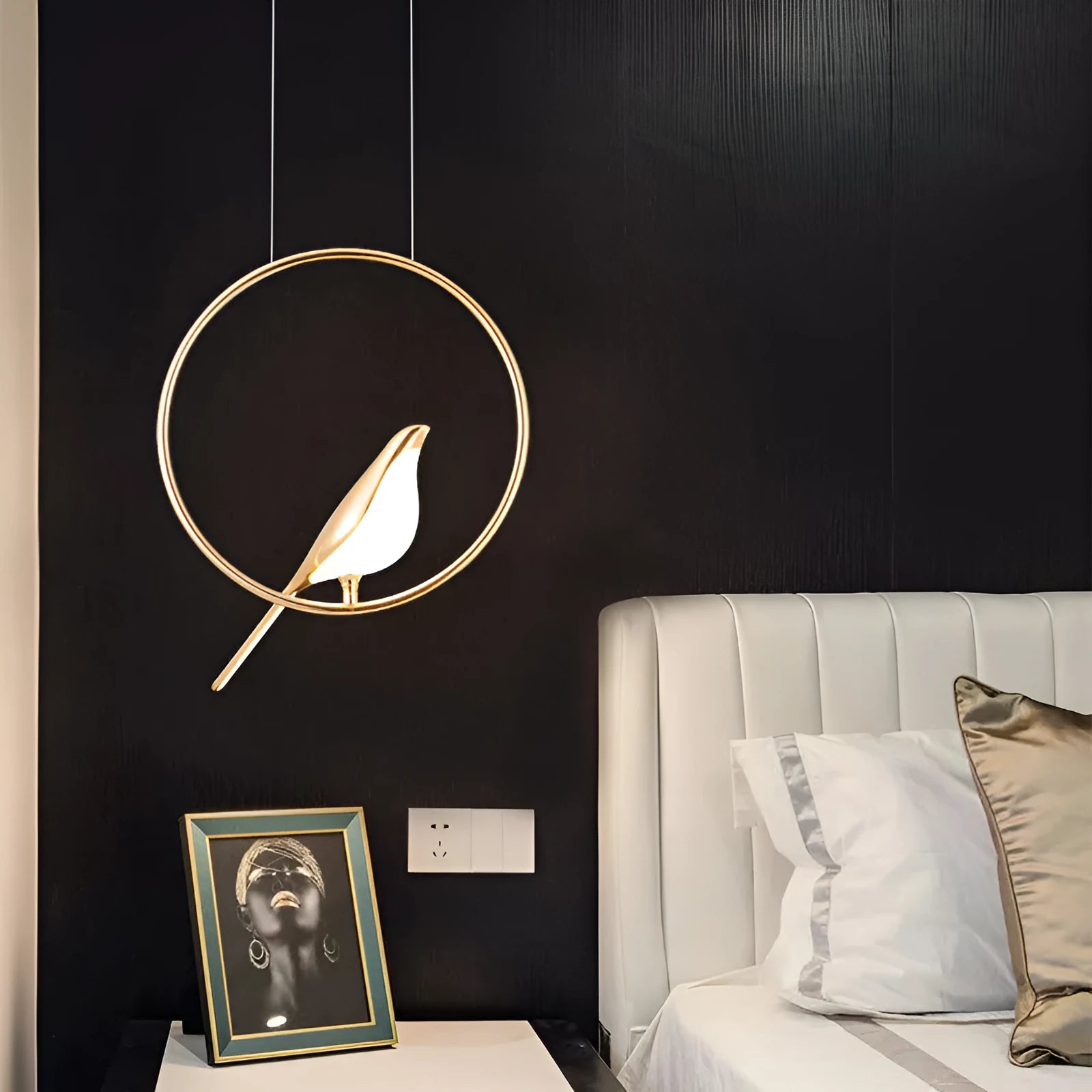 Modern minimalist magpie bird LED chandelier with zinc alloy and acrylic construction