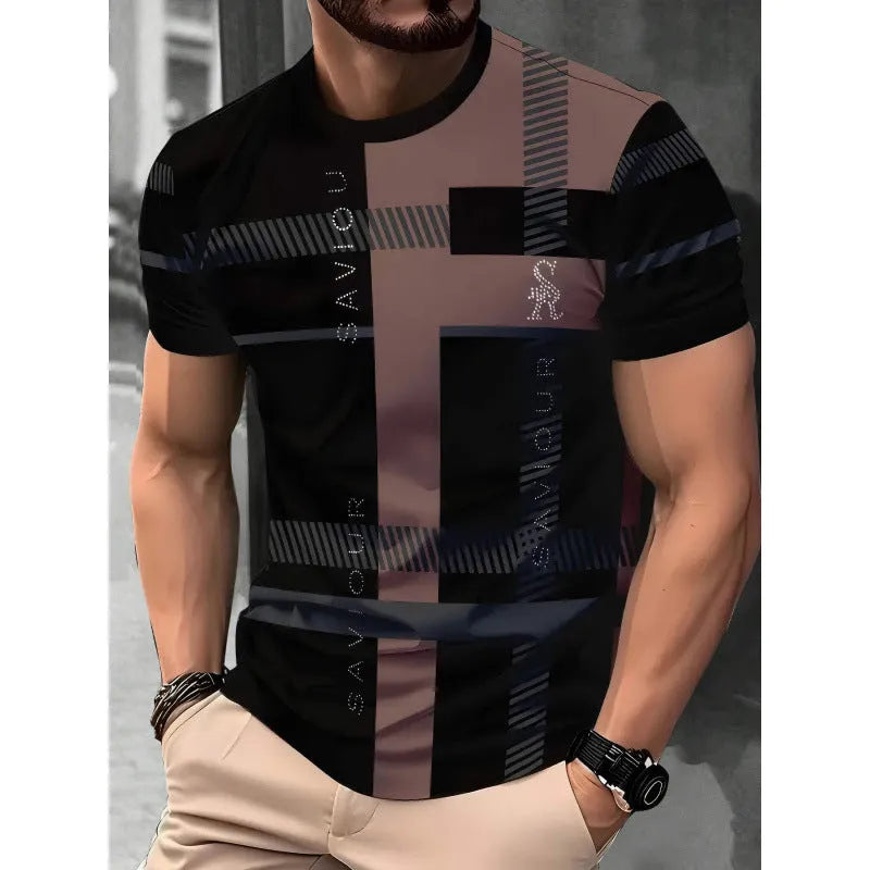 Man wearing a loose-fit short sleeve t-shirt with a raised digital 3D printed stripe pattern in blue.