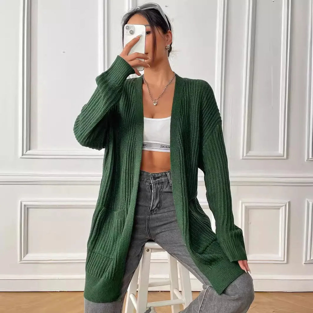 Women's dark green acrylic cardigan with double pockets and mid-length 65cm loose fit
