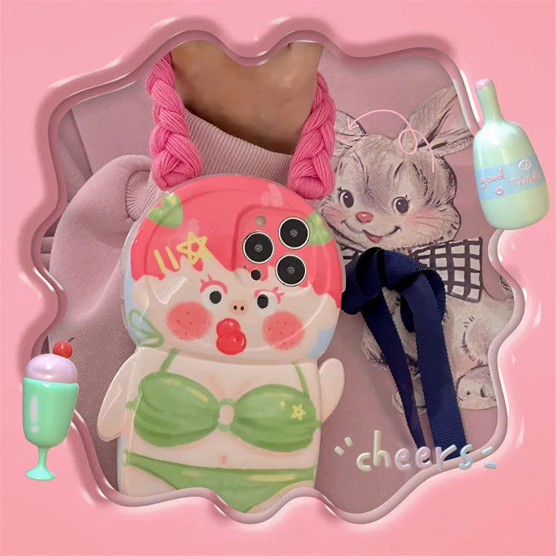 Pink and green silicone iPhone case with cartoon design of a girl in swimsuit with braids.