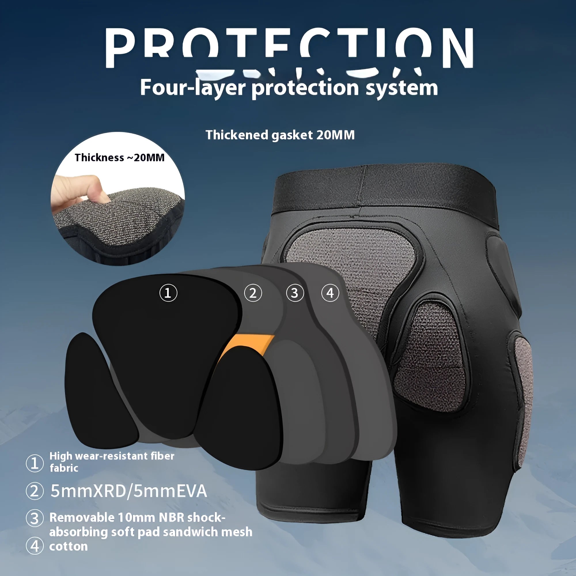 X-ray diffraction ski protective gear showing hip pads and knee pads with sizing options