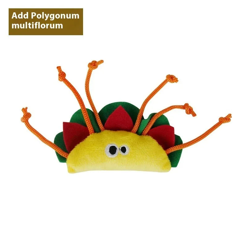 Plush cat chew toy shaped like a burrito, infused with catnip for feline play