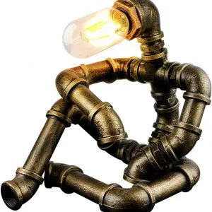 Vintage industrial robot table lamp with iron pipe design and water pipe light filtering