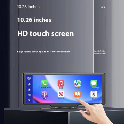 10-inch car touchscreen display showing Apple CarPlay interface and driving recorder footage