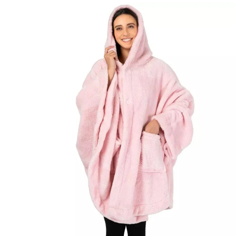 Thick hooded cloak bathrobe in black, dark grey, or pink colours with long sleeves