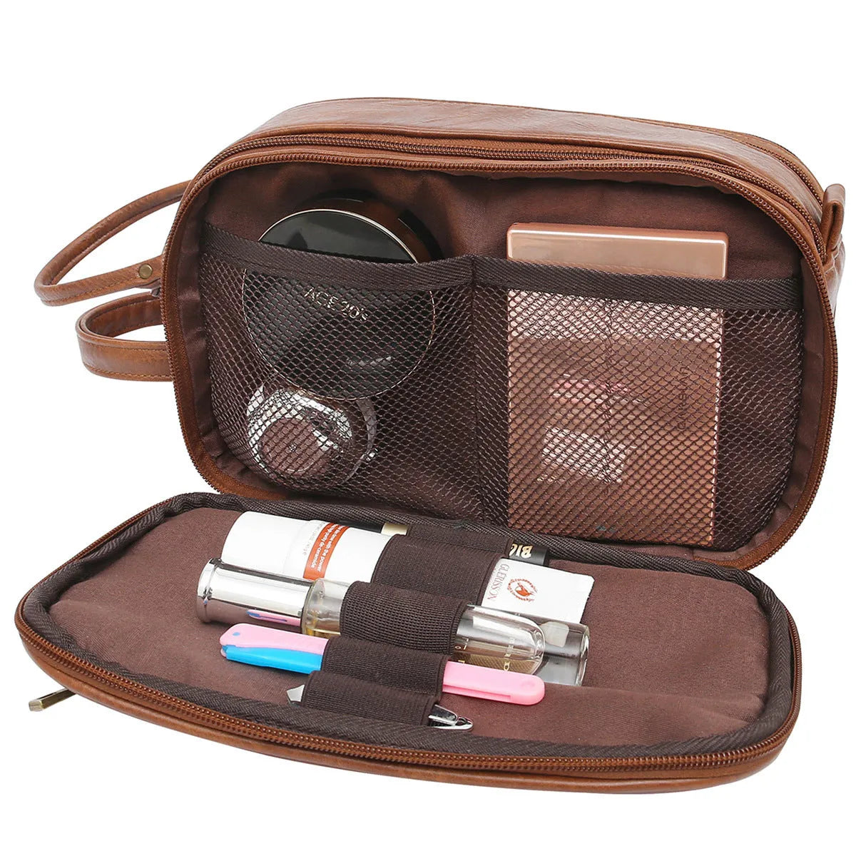 Men's black waterproof toiletry bag with multiple compartments open showing interior organisation