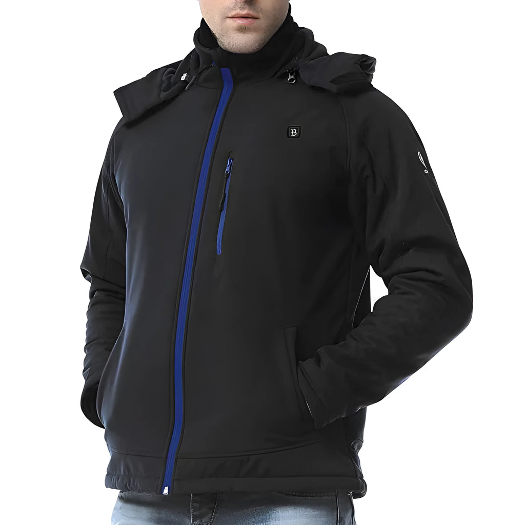 Black men's USB heated waterproof winter coat with straight hem and zipper pockets.