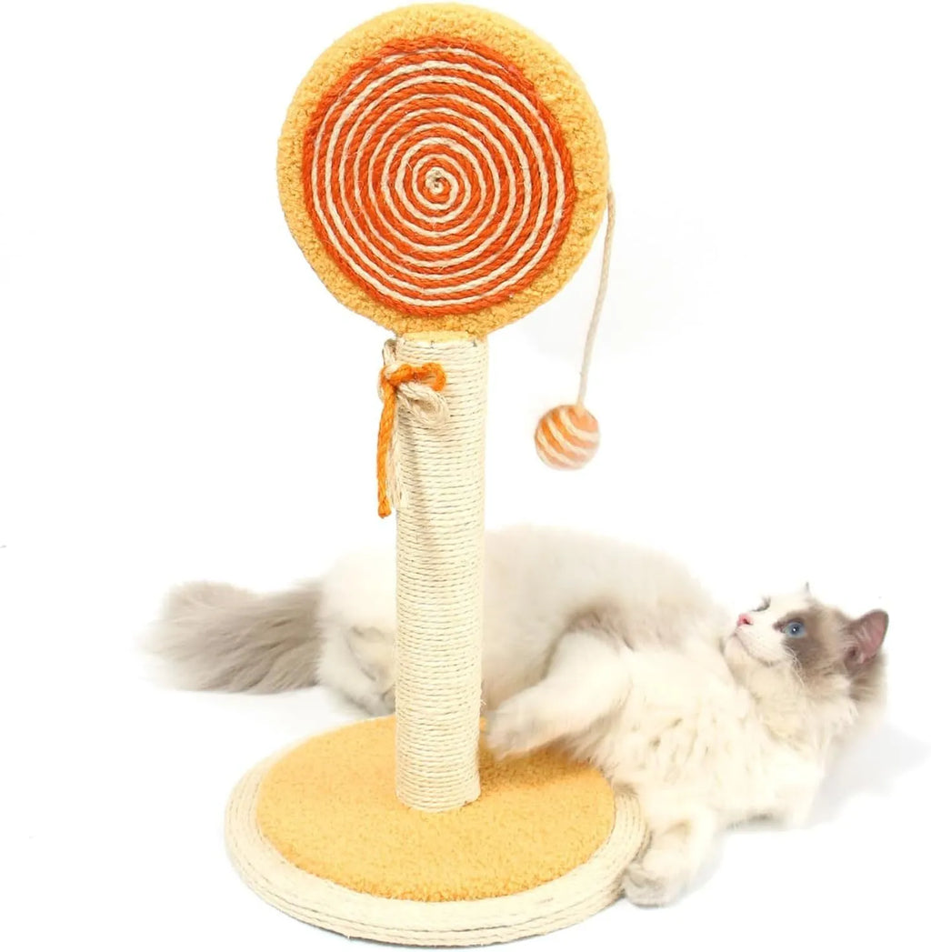 Blue sisal rope cat scratching post with a hanging toy ball on a sturdy wooden base.