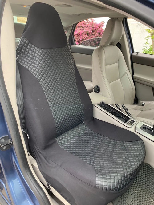 Black quilted PU universal car seat cover with sponge padding and attachment hooks
