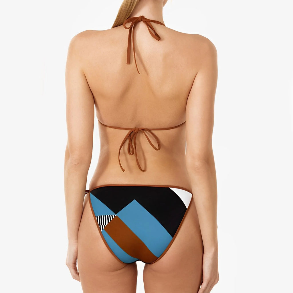 Women's printed polyester bikini swimsuit in a backless, sleeveless style.