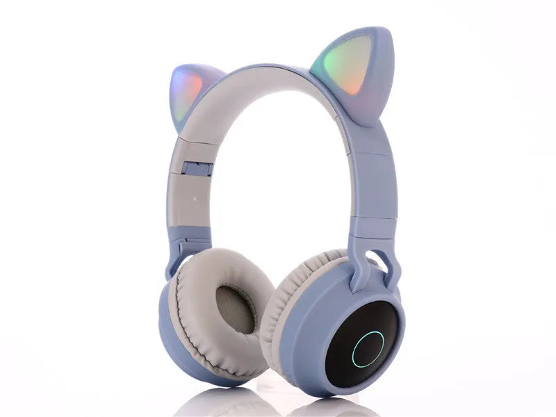 Cartoon-style wireless Bluetooth headset with cat ears, shown in a choice of five colours including green and pink.