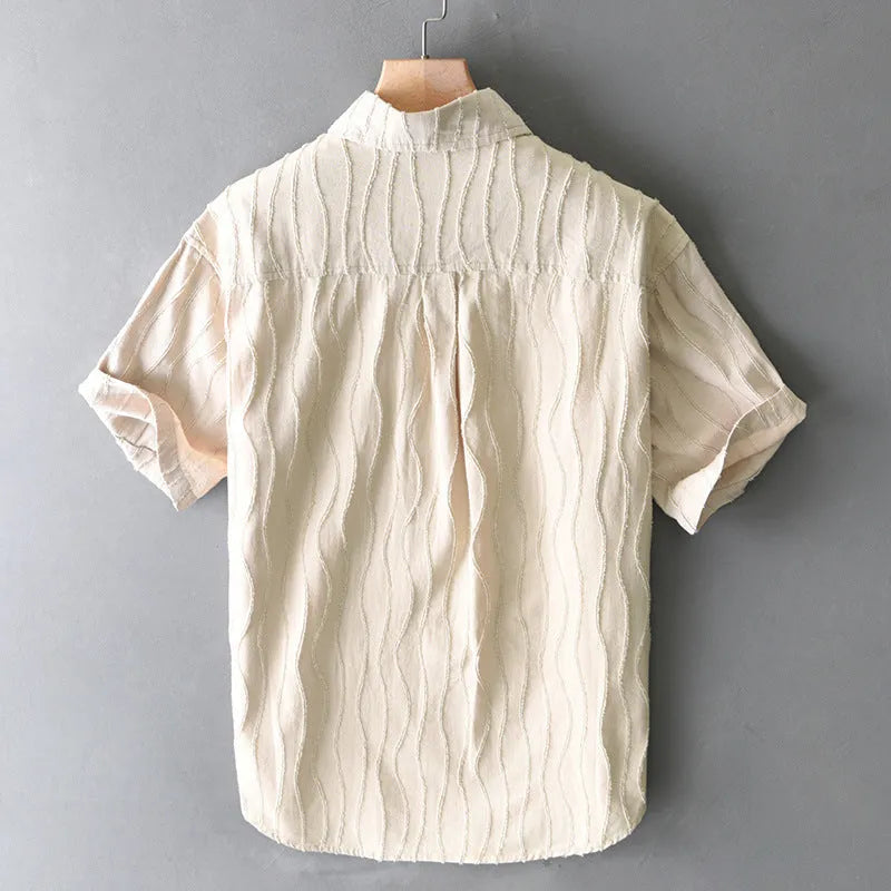 Men's pure cotton short sleeve shirt in loose Japanese style, apricot colour