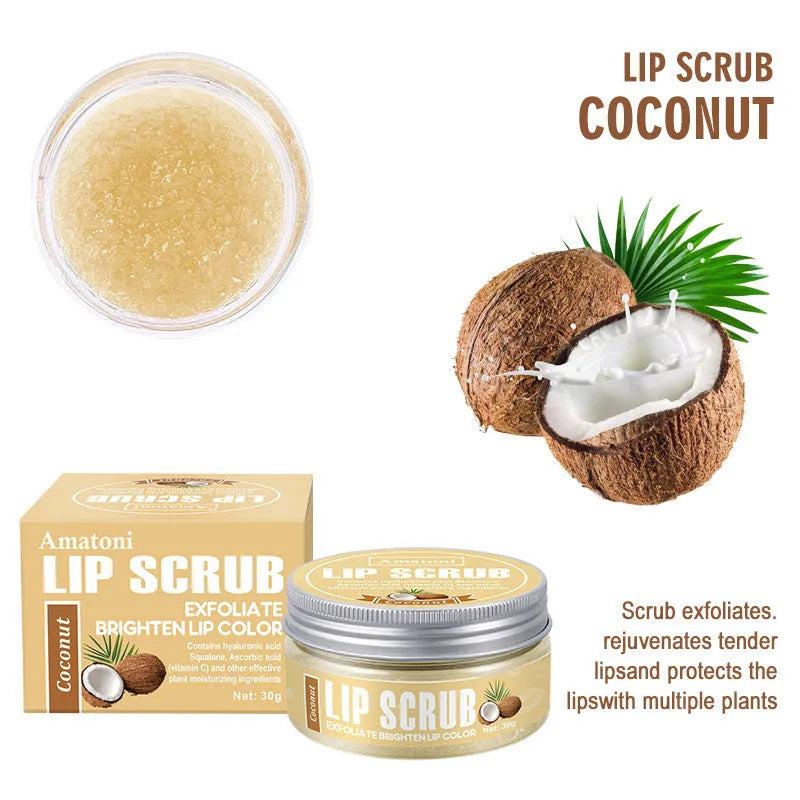 Amatoni fruit flavour lip scrub cream pot in 30g size with coconut, raspberry, vanilla, or watermelon options
