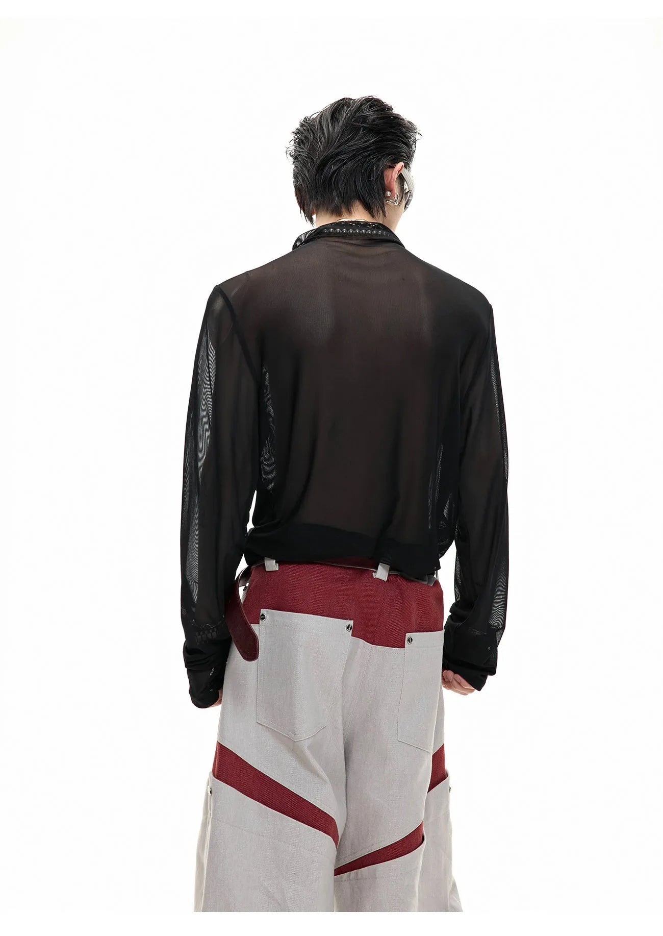 Men's black mesh slim-fit long-sleeved bottoming shirt on a hanger.