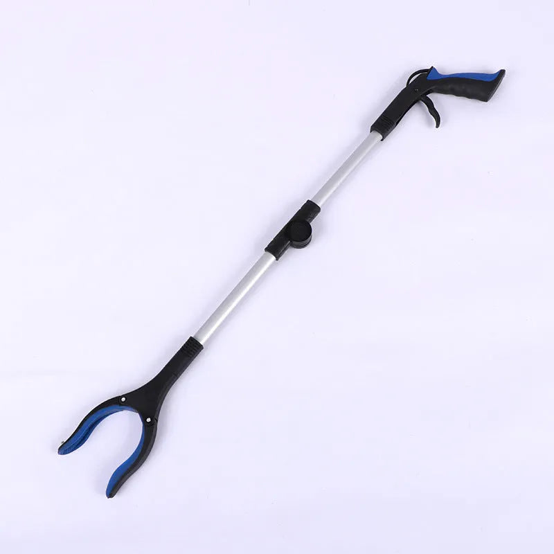 Foldable aluminium garbage clamp showing extended and folded positions with magnetic sucker and coloured handle options