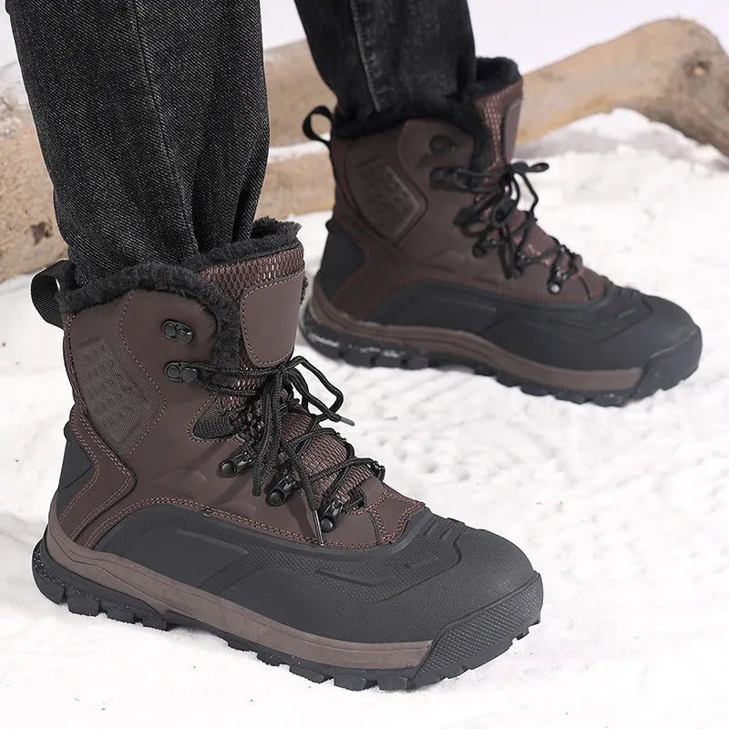 Men's black high-top boots with fleece lining, flat heel, and lace-up front