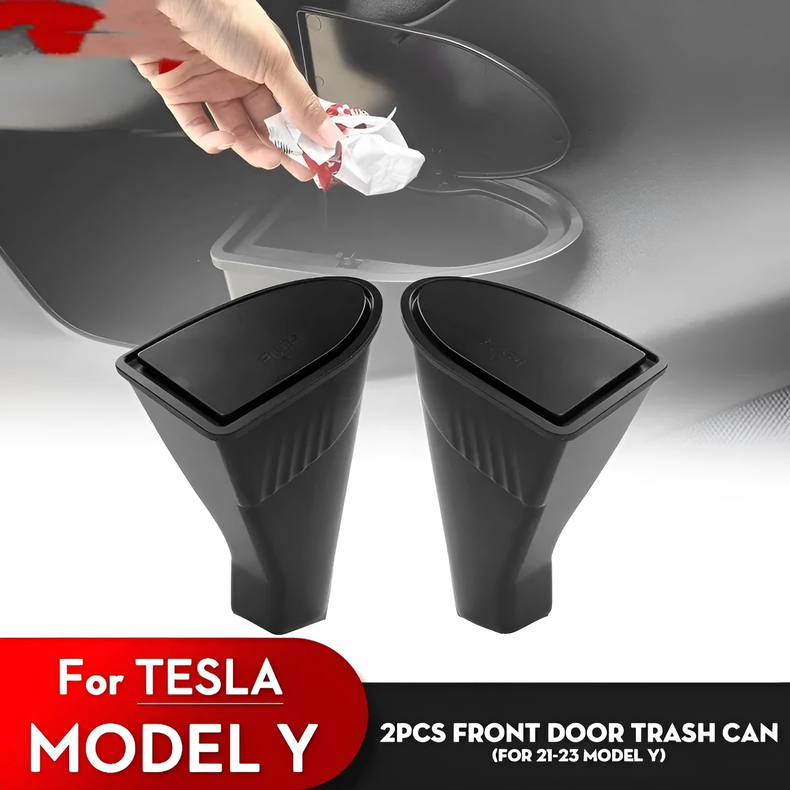Black ABS plastic car door storage container set for Tesla Model Y front doors.