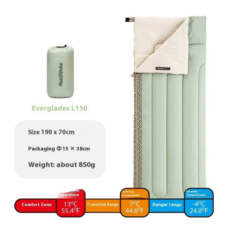 Four seasons camping sleeping bag in swamp colour, shown with its storage bag.