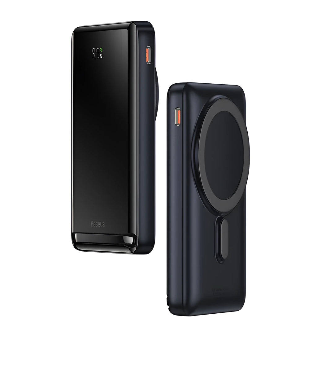 Blue 3-in-1 slim magnetic power bank with polymer lithium ion battery showing 117.3mm dimensions