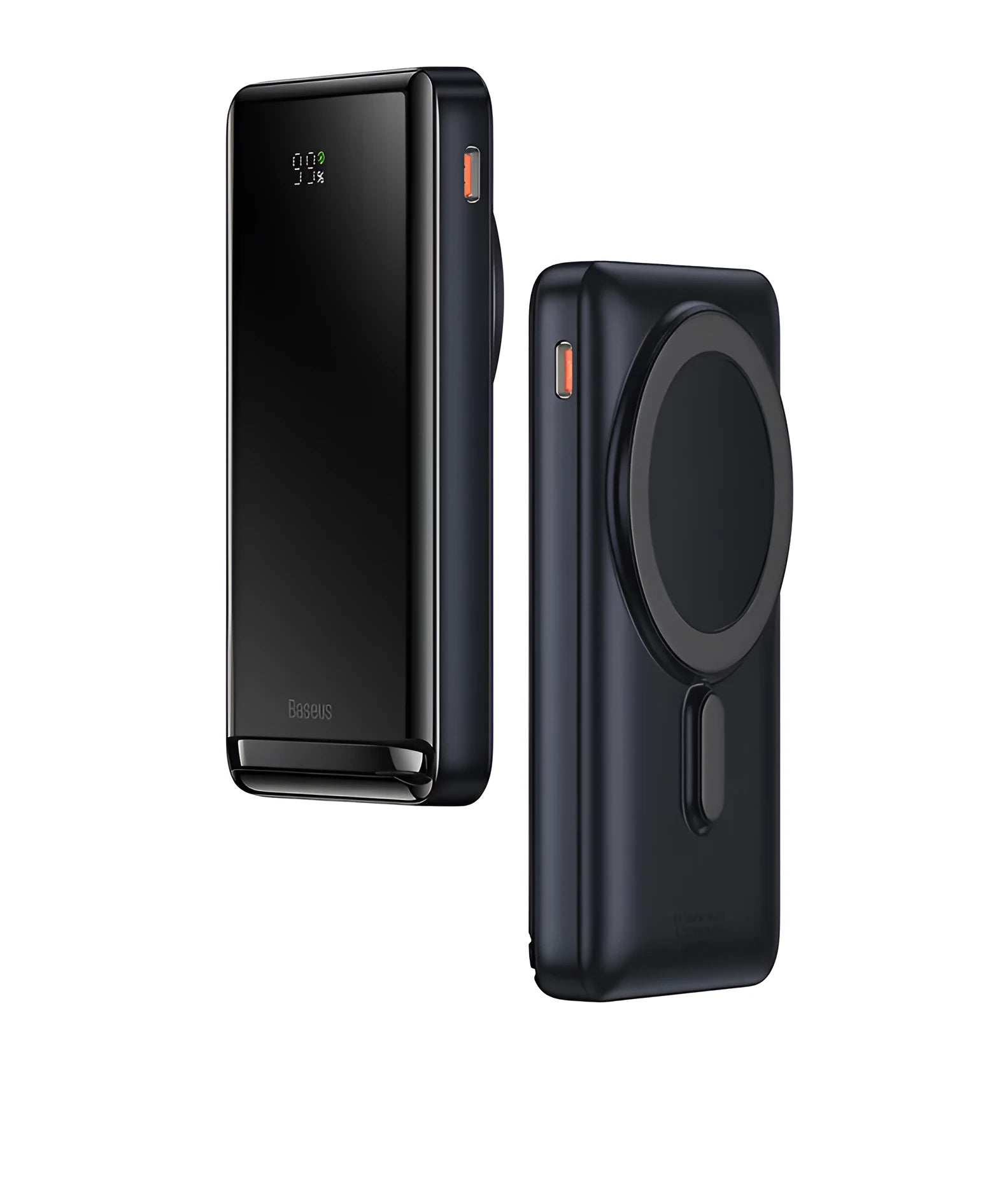 Blue 3-in-1 slim magnetic power bank with polymer lithium ion battery showing 117.3mm dimensions