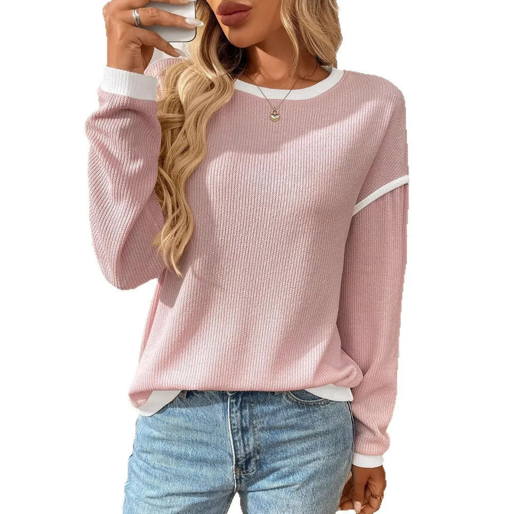 Women's loose fit round neck polyester pullover top with long sleeves in multiple colour options