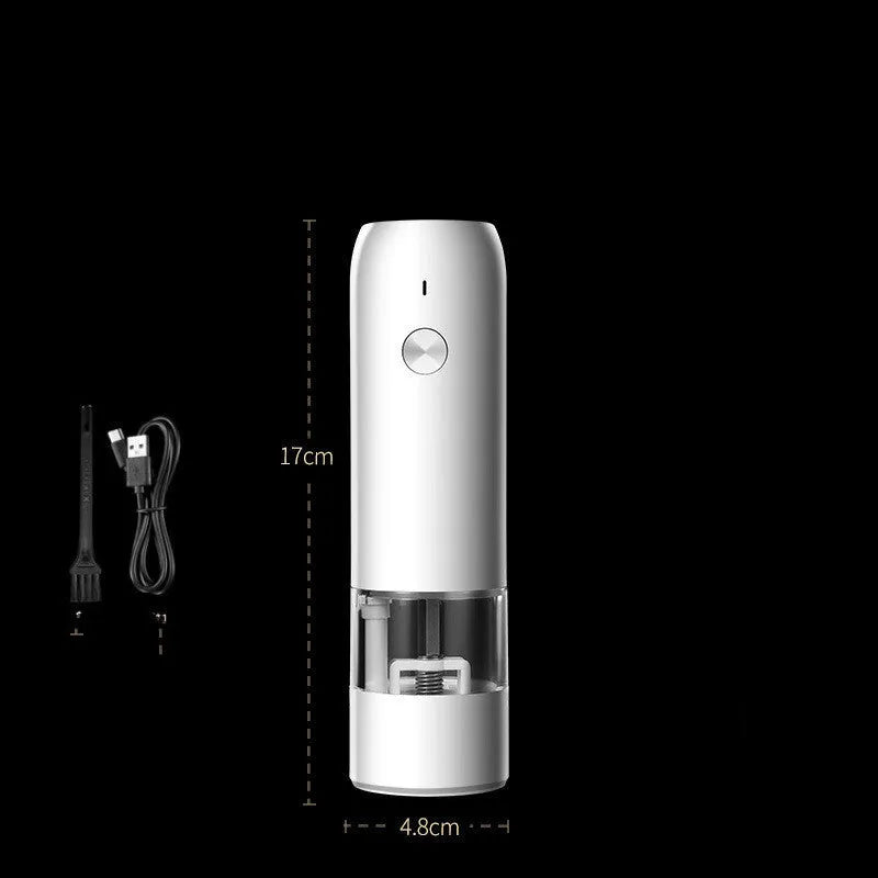 Rechargeable electric pepper and salt grinder set with USB cable, ceramic mechanism, and LED light in black and white