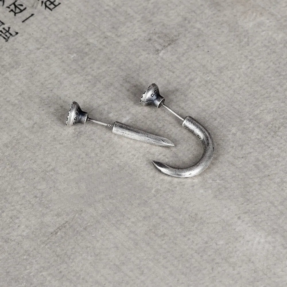 S925 sterling silver punk stud earring in a retro straight or curved nail design on an ear hook.