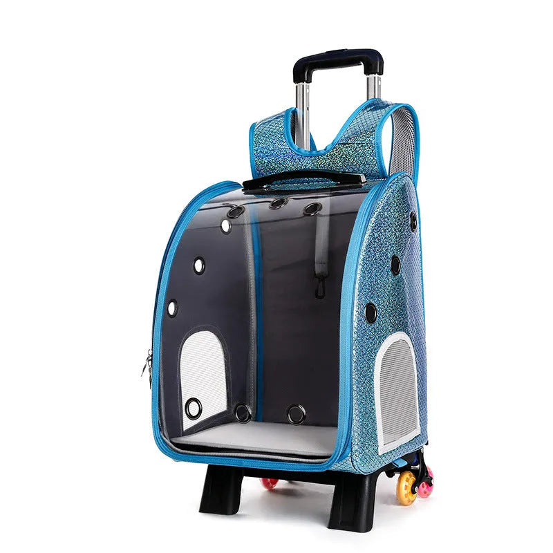 Transparent pet trolley bag for small dogs with foldable shoulder design and Oxford cloth construction