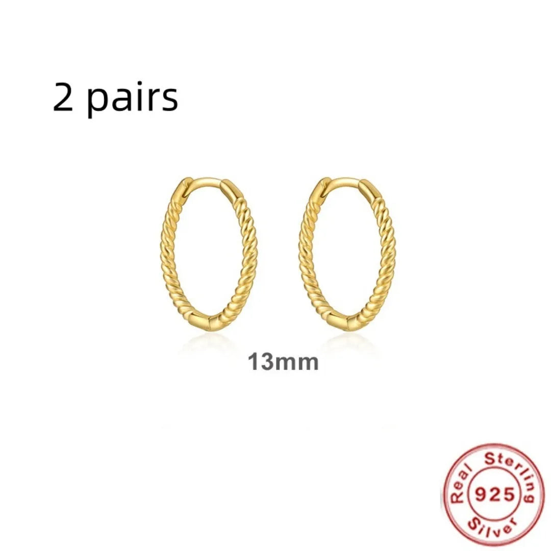 Sterling silver twisted string round ring earrings in gold or platinum colour with geometric hipster design