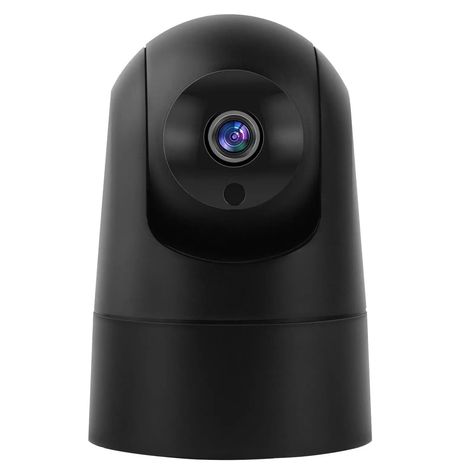 White indoor security camera with pan/tilt base on a shelf, showing wall mount screws.