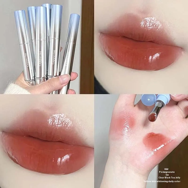 Mirror Water Light Fashion Personality Lip Gloss Lipstick case in one of six Ice shades: Almond, Silver, Pear, Raspberry, Peach Gum, or Pomegranate.
