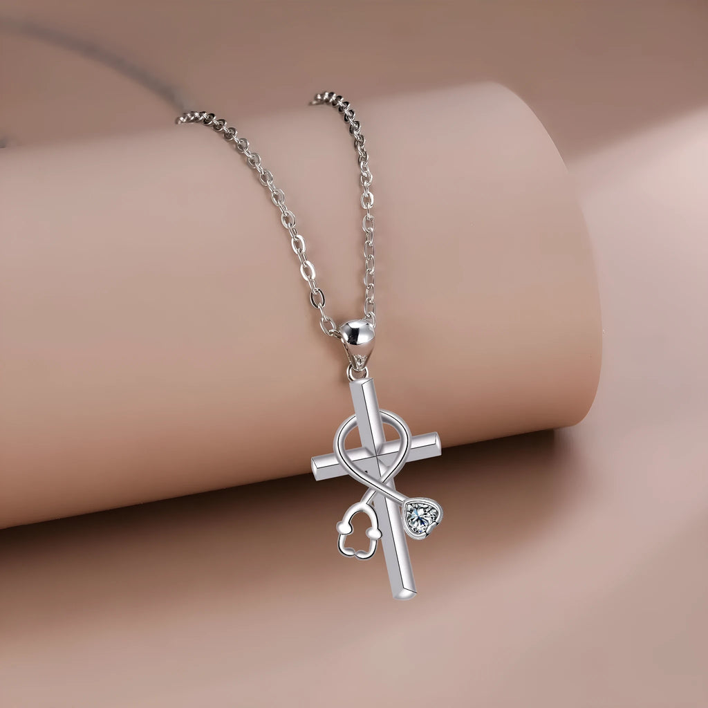 Copper electroplated stethoscope pendant necklace with cross chain design for women