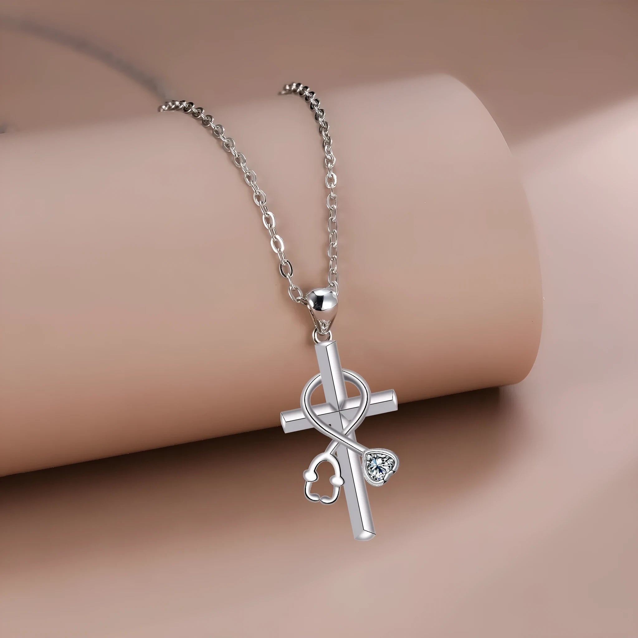 Copper electroplated stethoscope pendant necklace with cross chain design for women