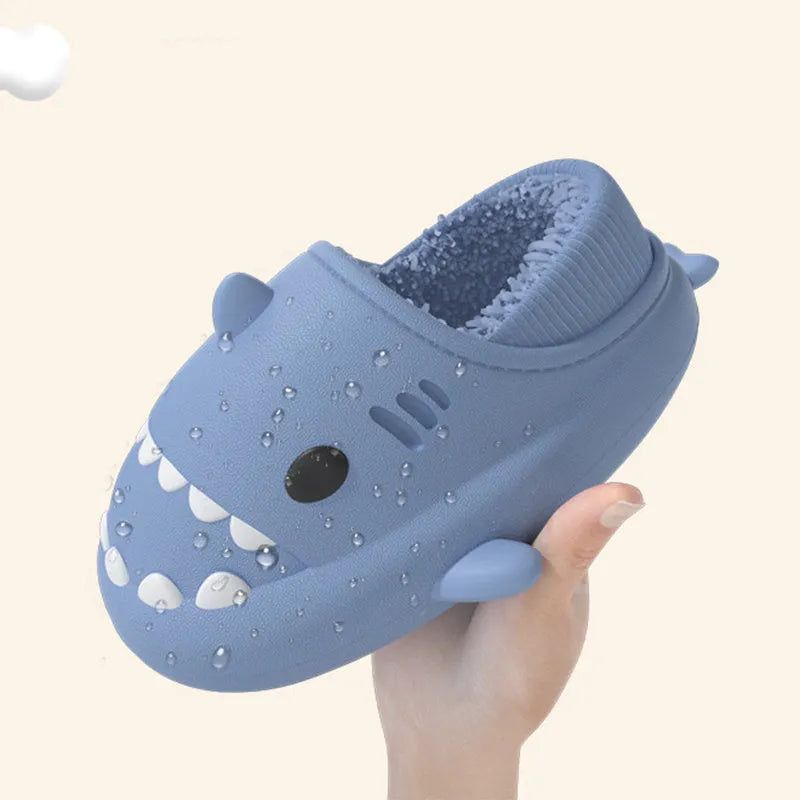 Haze blue shark slippers unisex EVA thickened plush winter house shoes with baotou style
