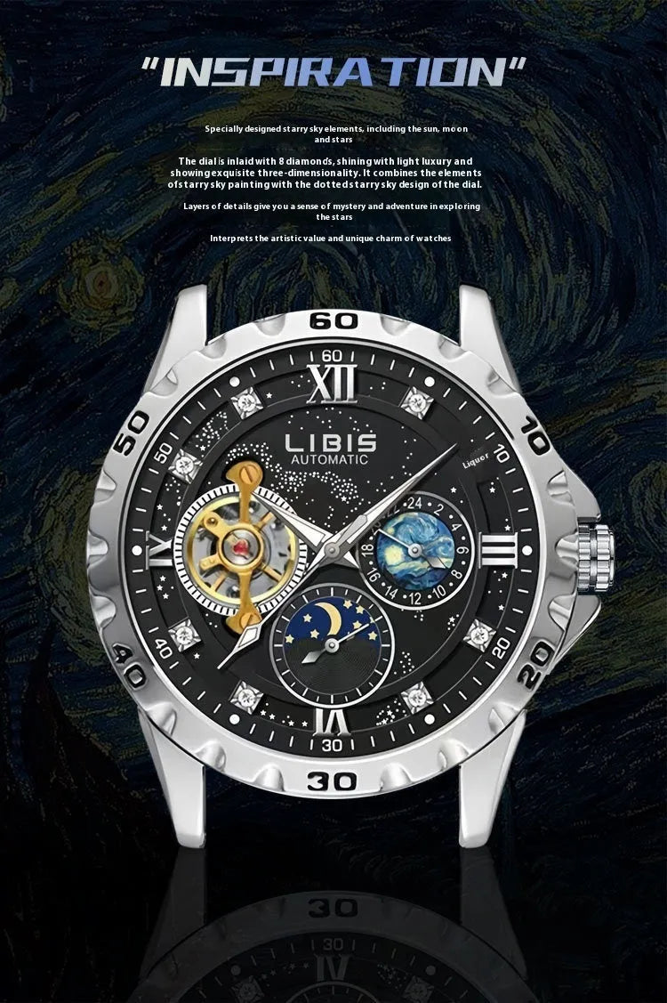 Men's silver stainless steel automatic watch with starry black dial and luminous hands on a black leather strap