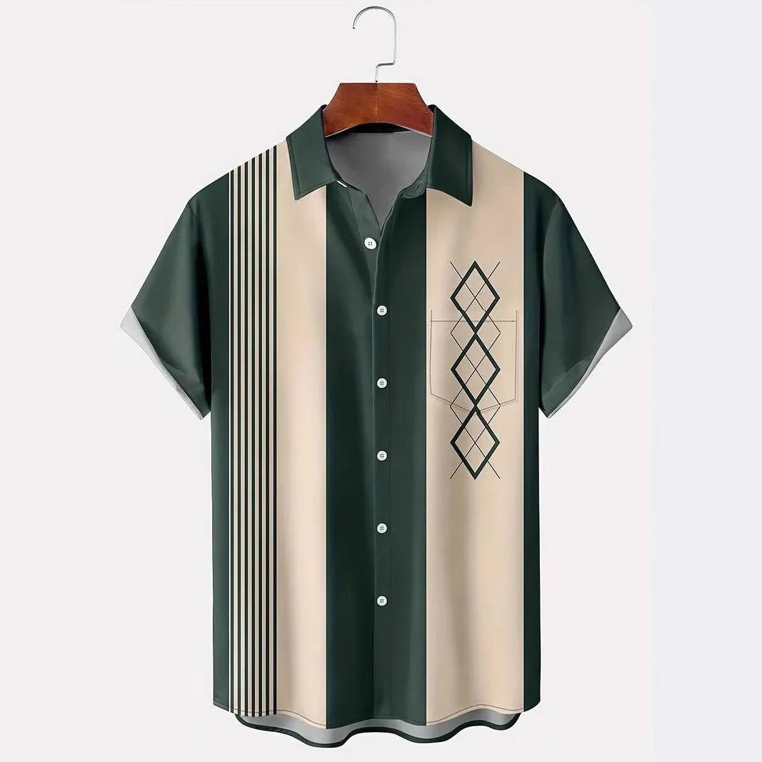 Man wearing plaid loose fit short sleeve shirt with lapel collar in cardigan style