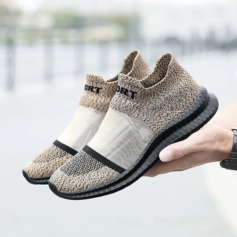 Flyknit sock shoes with tassel laces and hollow design in khaki colour
