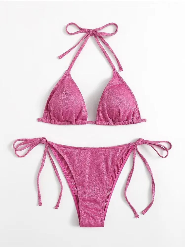 Women's split bandage bikini swimsuit in polyester fabric showing six colour options