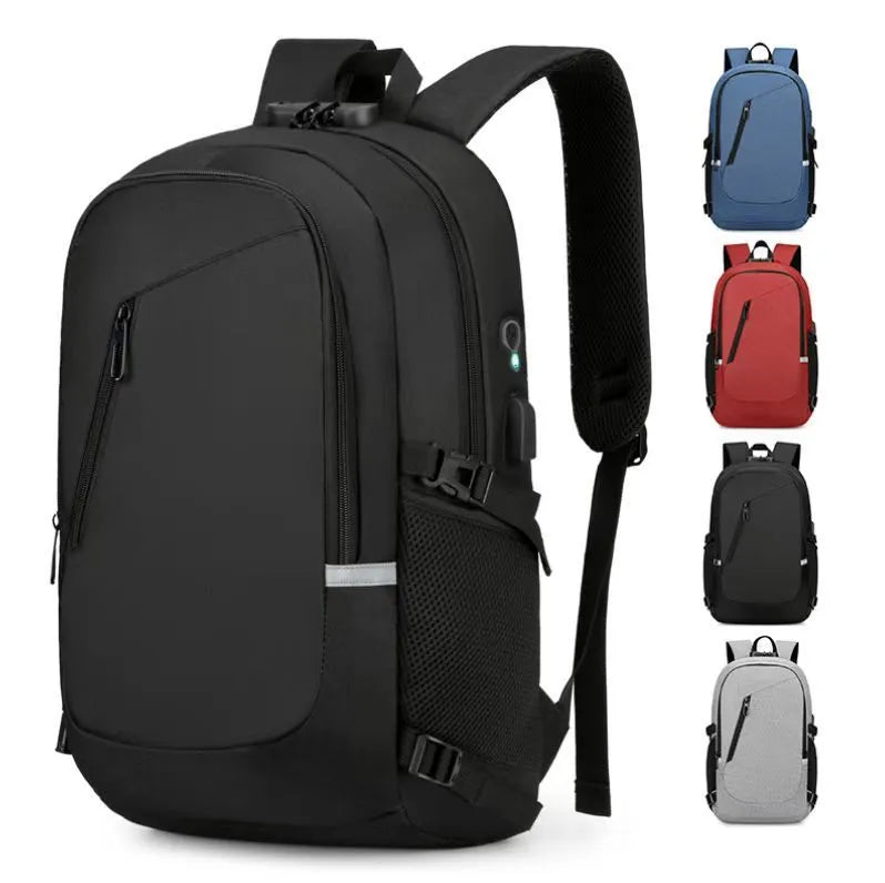Street-style Oxford cloth backpack in blue colour showing front view with straps