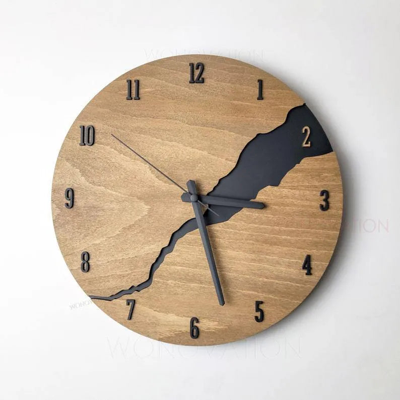 Modern wooden wall clock with creative crack finish and silent quartz movement for home decor