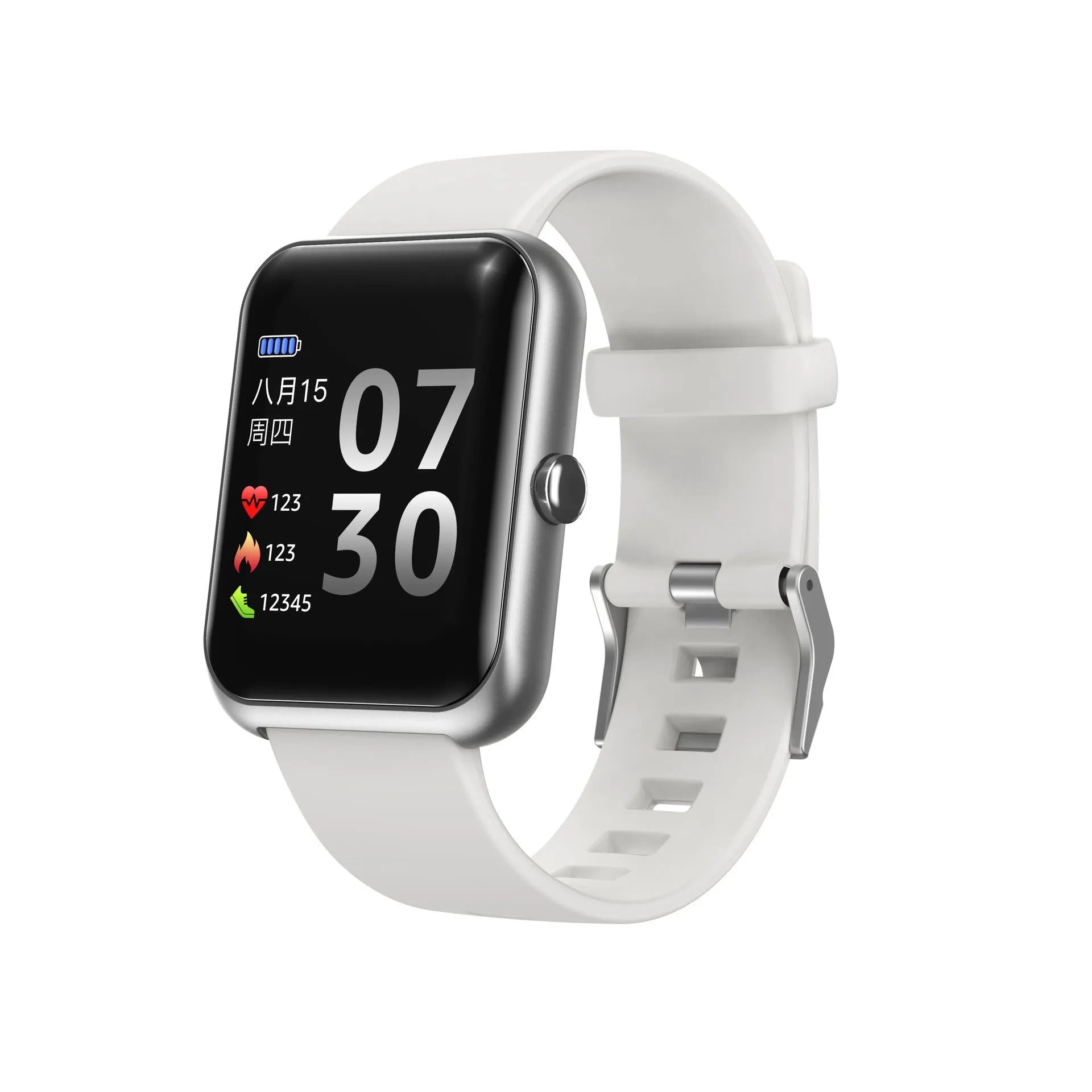 Square dial smart couple bracelet with silicone strap and aluminium case in five colour options.